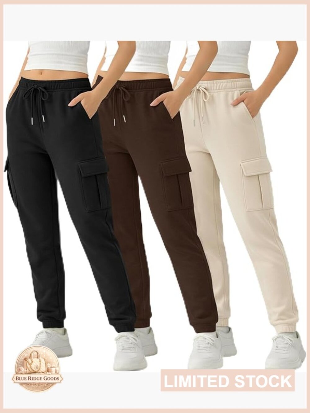 3 Pack Women's Cargo Sweatpants Fleece Joggers with Pockets Mid Rise Cuffed